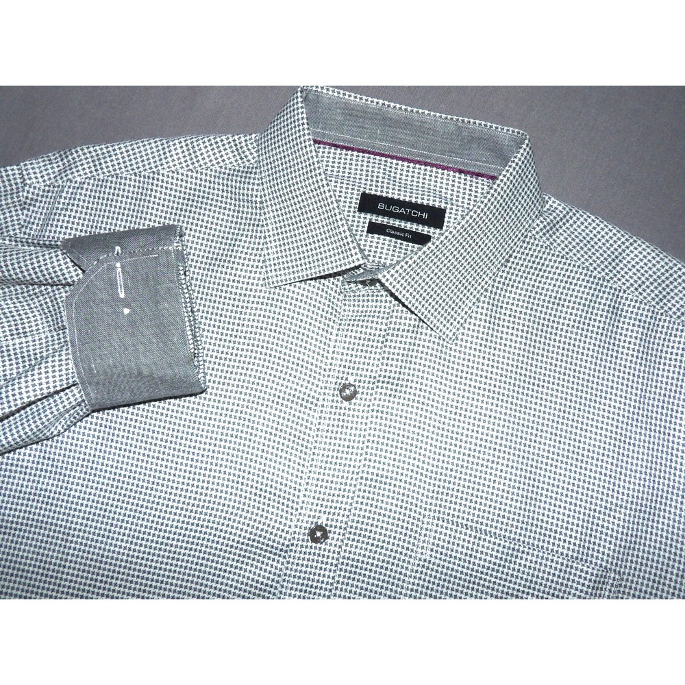 Bugatchi Classic Fit Gray Houndstooth Flip Cuff Button Up Shirt Men's XL